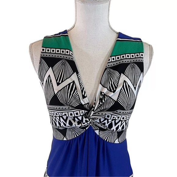 Chicos Long Maxi Stretch Jersey Dress Size 0 Knotted V Neck Colorblock Geometric - Picture 4 of 8